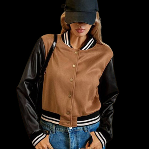 Veste universitaire pour femme, style bomber court, manches en cuir PU, couleur unie, col boutonné, manteau streetwear d'automne - Product Image 1