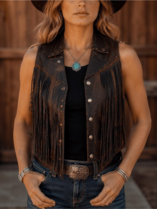 <b>Women</b> Genuine Leather Sleeveless <b>Vest</b> With Fringe Turn-<b>down</b> Collar Bohemian Style Outerwear - Product Image 3