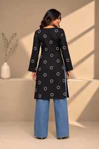 Black Embroidered Dot Print V-Neck Long Sleeve <b>Tunic</b> <b>Dress</b> Loose Fit Midi Length Casual Wear for Women 100% Cotton Woven Fabric - Product Image 2