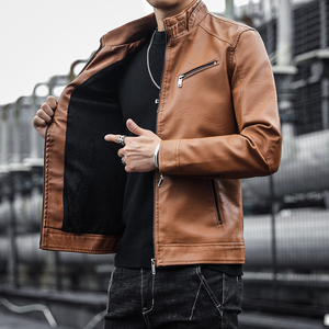 Chaqueta de Cuero PU Negra para Hombre, Cuello Alto, Cierre Frontal con Cremallera, Estilo Casual, para Motocicleta, Ropa de Invierno - Product Image 2