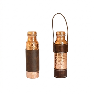 Handmade Pure Copper Water <b>Bottle</b> with Leather Sleeve, 1000ml Hammered Copper <b>Flask</b>, Ayurvedic Health Benefits Sports <b>Bottle</b> - Product Image 1