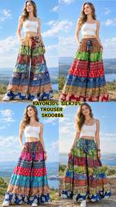 Women's Lightweight Silk/Cotton Boho Garara <b>Trousers</b> Mid <b>Elastic</b> <b>Waist</b> Boot Cut Summer Washed Vintage Flowy Breathable Loose - Product Image 5