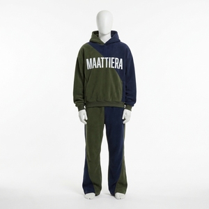 Mens Olive Green Navy Color Block Fleece Tracksuit Set <b>Zip</b> <b>Up</b> <b>Jacket</b> Wide Leg Pants Streetwear Sportswear - Product Image 1