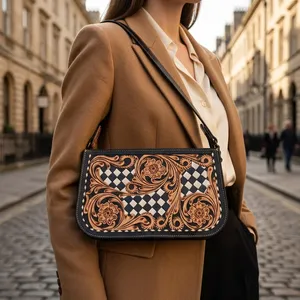 Sac à bandoulière pour femme en cuir véritable, style luxueux, motif en losanges, chaînes décoratives, grande capacité, fermeture éclair - Product Image 4