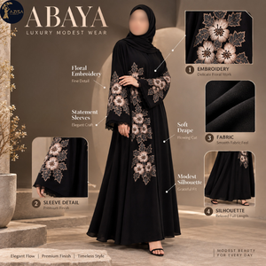 Robe Abaya florale brodée pour femmes avec manches imposantes en tissu drapé, robe islamique modeste |   Vêtements d'occasion élégants pour musulmanes - Product Image 5