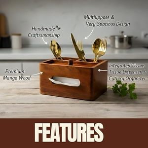 Support de Couverts et Serviettes Portable en Bois Moderne et Durable, Organisateur de Cuisine à 5 Niveaux avec Boîte à Mouchoirs, Support à Couteaux et Support à Cuillères - Product Image 6