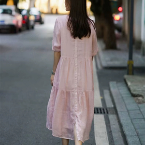 Women Solid Color Cotton Maxi Dress Regular Fit Casual Summer Dress Short Sleeve Button Back Sweet Natural Plain Dyed - Product Image 1
