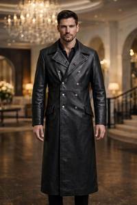 <b>Men</b> Genuine Leather <b>Long</b> Trench <b>Coat</b> Double Breasted Notched Lapel With Button Closure Regular Fit - Product Image 6