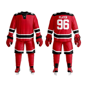 Maillots de hockey sur glace de qualité supérieure avec manches flexibles, col en V profond, extensibles dans les quatre sens, en maille poly rouge foncé et noir - Product Image 4