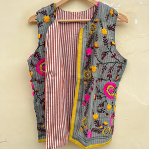 Indian Handmade Cotton Eco-Friendly Breathable <b>Winter</b> <b>Quilted</b> Regular Jacket Indian Waistcoat Embroidery Vest Reversible Boho - Product Image 1