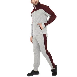 Ensemble de survêtement pour homme gris et bordeaux avec blocs de couleur, fermeture éclair intégrale, col montant, pantalon en polaire respirant décontracté avec poches latérales - Product Image 4