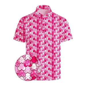 Camisa de Golf Rosa para Hombre, Conciencia sobre el Cáncer de Mama, Manga Corta, Cuello Abotonado, Tejido Casual, 100% Poliéster, 180g, Secado Rápido - Product Image 1
