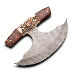 Couteau Ulu personnalisé en acier Damas à lame croissant, manche en bois de cerf, étui en cuir – Idéal pour la cuisine et la découpe – Vente directe usine - Product Image 1