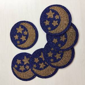 Handmade Beaded Moon Star Coaster Blue Gold Round Bar Mat Classic Style Reusable <b>Drinkware</b> <b>Accessory</b> - Product Image 3