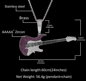 Collar con Colgante de Guitarra Iced Out, Cadena de Cuerda de Latón con Zirconia, Chapado en Rodio, Joyería Hip Hop para Hombre - Product Image 6