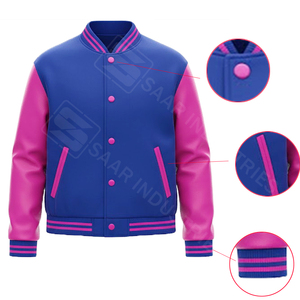 เสื้อแจ็คเก็ตมอเตอร์ไซค์ฮิปฮอปสำหรับผู้ชาย SAAR INDUSTRIES สีน้ำเงินรอยัล ตัวเสื้อทำจากผ้าขนสัตว์ แขนเสื้อสีชมพูสด ติดกระดุมด้านหน้า แต่งแถบยางยืดลายทางเฉียง - Product Image 3