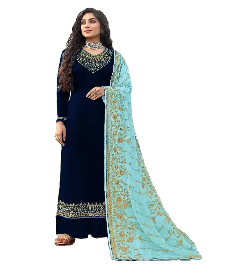 Vêtements indiens pakistanais vêtements de mariage et de fête Faux Georgette broderie séquence feuille d'or papier travail Salwar Kameez femmes