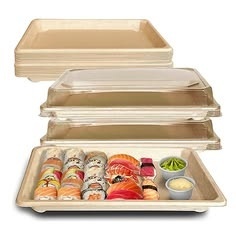 Plateau en bagasse de qualité export 425 ml avec couvercle transparent, biodégradable, carré, pour servir des aliments, des collations, des plats pour restaurants et hôtels - Product Image 1