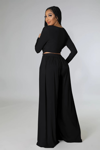 Nuevo Conjunto de Dos Piezas para Mujer, Cuello en V, Color Sólido, Sostenible, Transpirable, Traje de Otoño, Top Corto de Manga Larga, Pantalón de Pierna Ancha, Cintura Alta, Talla XL - Product Image 2