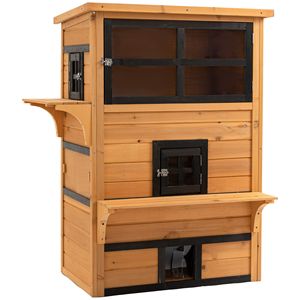 Casa per gatti a 3 livelli gialla con porta di fuga e piattaforma di salto all'aperto condominio per gattini con pavimento rialzato e tetto in asfalto - Product Image 1