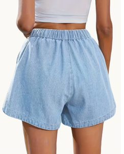 <b>Women's</b> Light Washed Denim Shorts Mid Rise <b>Elastic</b> Waist Drawstring Loose Fit <b>Jean</b> Casual Summer - Product Image 2