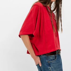 T-shirt ample en jersey de coton rouge pour femme, à manches chauve-souris et col rond, respirant, tricoté, idéal printemps-été - Product Image 5