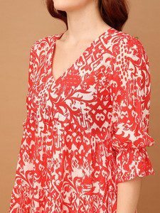 Elegant Floral Print Chiffon Gathered Pleated Formal Midi Dress Women Puff Sleeve V-neck Breathable Summer Party Dress - Product Image 2