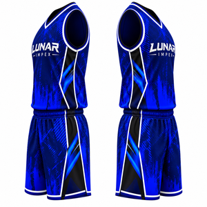 Ensemble d'uniformes de basketball personnalisés de haute qualité, bleu et noir, sublimation, 100% polyester, respirant, respectueux de l'environnement, maillot sans manches - Product Image 2