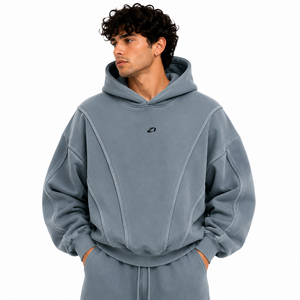 Sweat à capuche homme en molleton épais délavé bleu-gris, coupe oversize, avec empiècements, logo frontal, style streetwear décontracté, automne-hiver - Product Image 1
