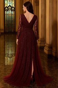 Robe de soirée élégante bordeaux à col en V, manches longues, broderie de sequins, robe de bal de luxe, vente en gros, tenue de soirée formelle arabe - Product Image 4