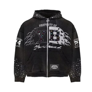 Hoodie zippé Premium Glory personnalisé, color block, coupé-cousu, brodé, court, délavé à l'acide, effet vieilli, avec strass, vente en gros OEM - Product Image 3