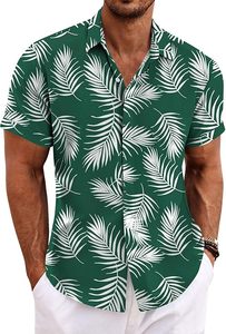 Chemises en coton pour hommes en gros, ODM, à manches courtes, imprimées feuilles de palmier hawaïennes, rayées, décontractées, avec patte de boutonnage recouverte, pour l'été et la plage - Product Image 4