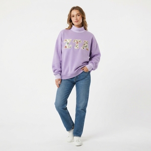 Oversized Mock Neck Sweatshirt Custom Embroidered Greek Letters Floral <b>Pattern</b> <b>Women's</b> <b>Fleece</b> Pullover Autumn Casual Wear - Product Image 2
