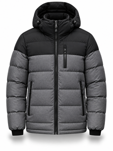 Men's Hooded Puffer Jacket Color Blocking Gray Black <b>Waterproof</b> Quick Dry Custom Logo Windproof Zipper Casual <b>Winter</b> <b>Coat</b> - Product Image 1