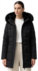 Chaqueta Larga Acolchada Impermeable Negra para Mujer, con Calefacción, Ecológica, con Capucha de Piel, Cierre de Cremallera, Manga Larga, Corte Regular, para Invierno - Product Image 5