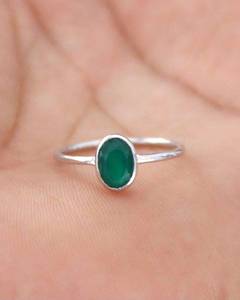Rhaya Jewels Women's Bohemian Rhodium Plated 925 Sterling Silver Geometric Oval Cut <b>Green</b> Onyx Bezel Setting Gemstone <b>Ring</b> - Product Image 1