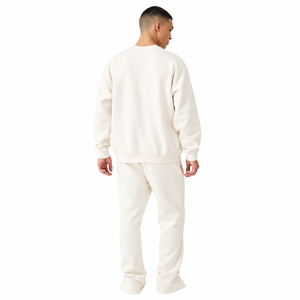 Sweat-shirt à col rond en crème, coupe ample, couleur unie, décontracté, en coton tricoté, molletonné, pour l'automne - Product Image 2