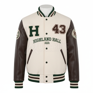 Veste universitaire pour homme, crème, manches en cuir marron, logo H brodé, style preppy, col rabattu, automne, grandes tailles, vestes pour homme - Product Image 1