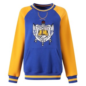 Sigma Gamma Rho Chenille Crest Sweatshirt Women Blue Yellow <b>Raglan</b> Crewneck Pocket Pullover Sorority Casual <b>Top</b> - Product Image 1