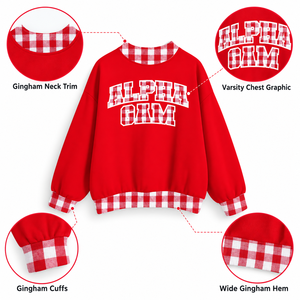 Sudadera Oversize Personalizada para Mujer con Cuello Alto, Ribete de Gingham, Apliques y Letras Bordadas, Estilo Sorority, Venta al por Mayor, Marca Privada - Product Image 3