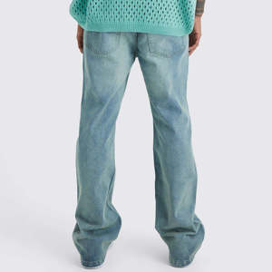 กางเกงยีนส์ทรงขาบานแบบมีแพทช์เวิร์คสำหรับผู้ชาย ทรงหลวม ไซส์ใหญ่ ผ้ายีนส์ฟอก - Product Image 4