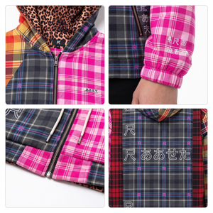 Custom OEM Reversible Hoodie Leopard Print Check Plaid Color Block <b>Zip</b> <b>Up</b> <b>Jacket</b> <b>Women</b> Streetwear Outerwear - Product Image 3