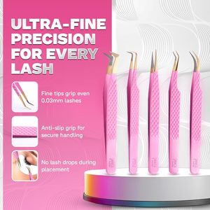 Ensemble de pinces à cils fabriquées en usine, 5 pièces, outils de précision en acier inoxydable avec étui noir pour extensions de cils - Product Image 4