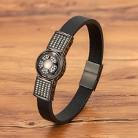 Bracelet de luxe en cuir et acier inoxydable pour homme, design football MenneM, noir, avec logo personnalisé, bracelet CZ pour homme, cadeau d'anniversaire, faible MOQ