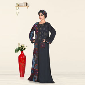 Abaya Kaftan en Rayonne pour Femmes Musulmanes avec Broderie Diamantée, Panneau Imprimé Contrastant, Manches Longues, Style Modeste Dubaï, Robe Maxi Islamique - Product Image 2