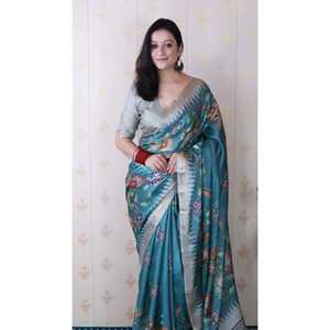 Écharpe en soie tussar douce bleu poussière Elite Weaves, imprimé naturel, tissée Zari, 450g - Product Image 2