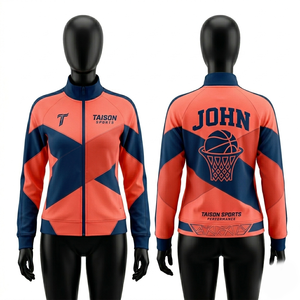Premium 280 GSM polyester fleece basketball <b>jacket</b> <b>pink</b> navy contrast panels full zip custom heat transfer logo - Product Image 3
