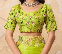 Elegante Damen-Bluse aus gewebtem Organza-Stoff mit Papageigrün-Stickerei, O-Ausschnitt und Kurzarm für Hochzeit, Winter, Frühling, Sommer