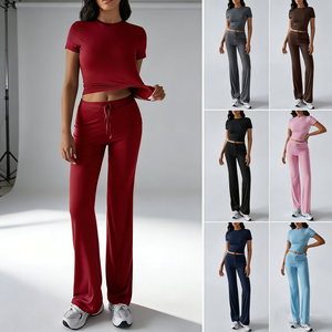 ชุดเซ็ต 2 ชิ้นสำหรับผู้หญิง ฤดูใบไม้ผลิ/ฤดูร้อน แบบลำลอง คอทรงโอ แขนสั้น กางเกงขายาว ผ้าถัก โพลีเอสเตอร์/คอตตอน ระบายอากาศได้ดี แห้งเร็ว - Product Image 4