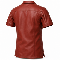 Kemeja Kulit Coklat Premium Pria Lengan Pendek Desain Kancing Depan Saku Dada Ritsleting Ganda Kerah Klasik Slim Fit Kasual Street